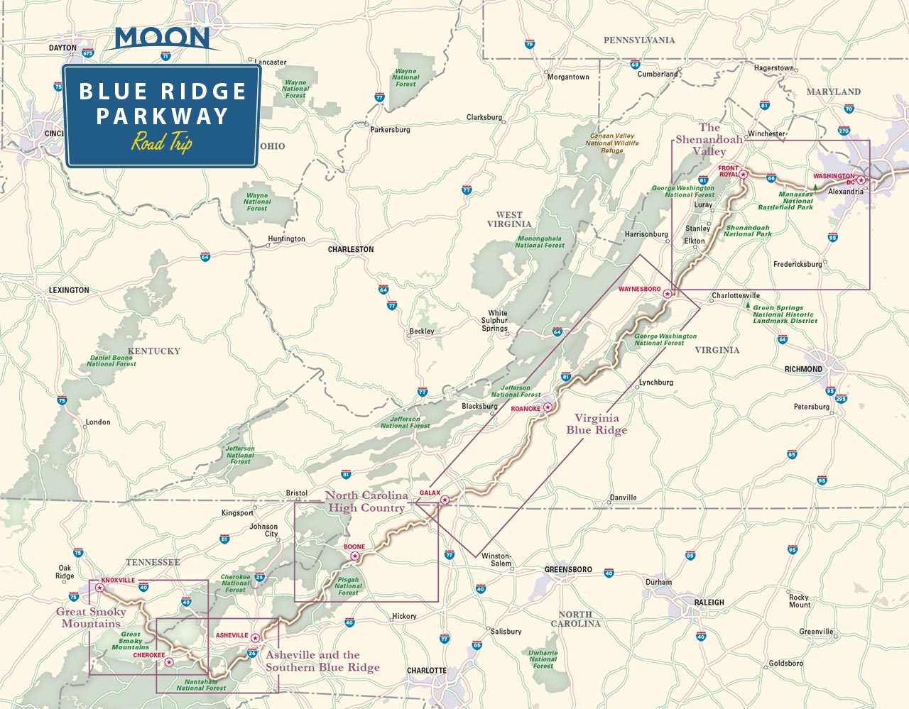 Vista general del mapa del Blue Ridge Parkway de la guía de viaje Moon Blue Ridge Parkway